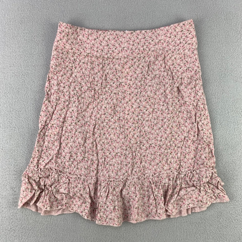 Brandy Melville Floral Mini Skirt Womens 3 Pink Ruffle Hem Viscose Coquette Y2K